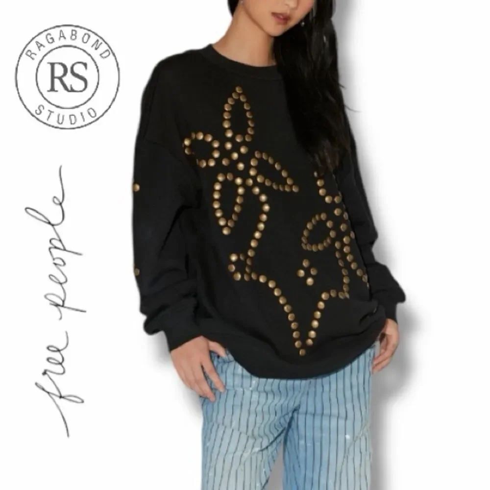 Free People Women’s Ragabond Gold Stud Flower Black Pullover in the Size Large